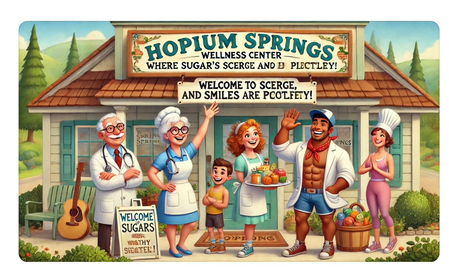 Hopium Springs Wellness Center exterior with friendly characters, Dr. Bea Well, Nurse May B. Better, Ted Treadwell, and Chef Honeybell, warmly welcoming visitors.